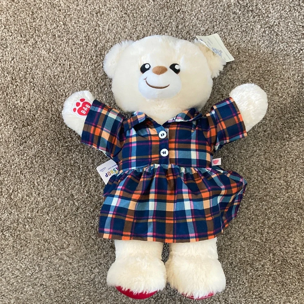 Build-A-Bear Cream Teddy in Blue Plaid Dress - Picture 1 of 2